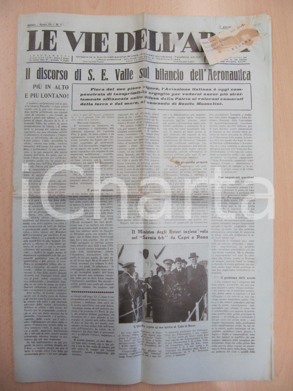 Giornale, rivista storica 1934 LE VIE DELL ARIA Gen. Giuseppe VALLE su bilancio AERONAUTICA italiana 1