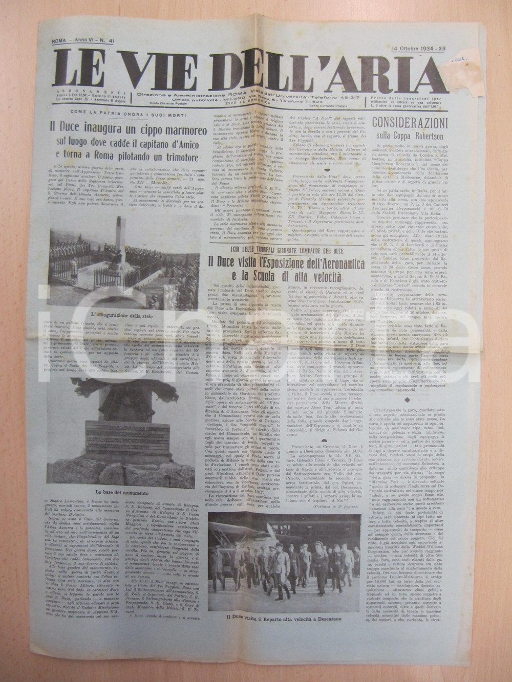 Giornale, rivista storica 1934 LE VIE DELL ARIA Aviatore Nicola D AMICO caduto in battaglia Giornale 1