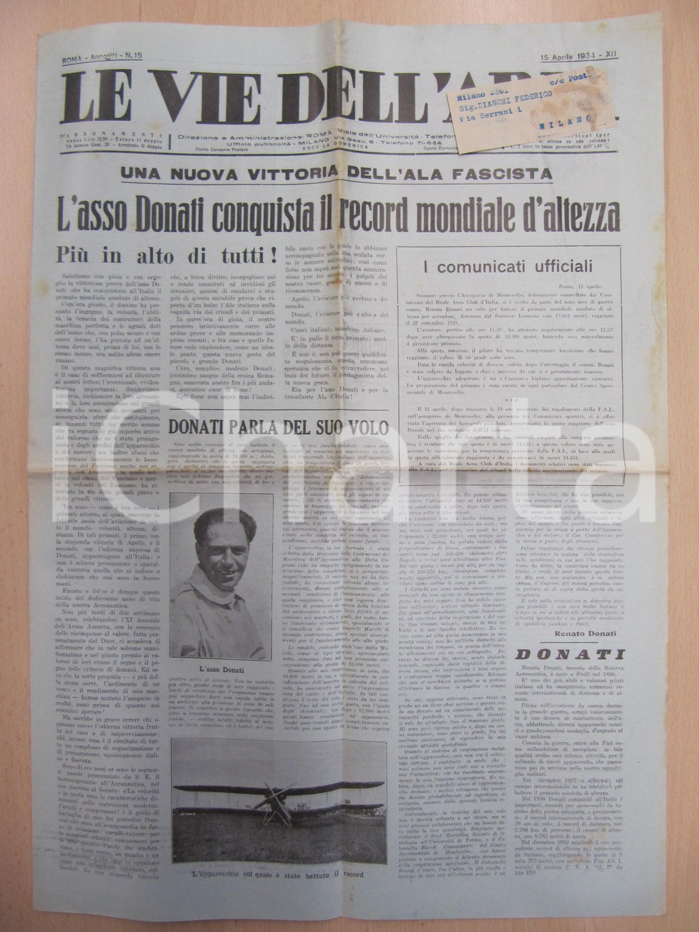 Giornale, rivista storica 1934 LE VIE DELL ARIA Asso Renato DONATI record mondiale di altezza Giornale 1