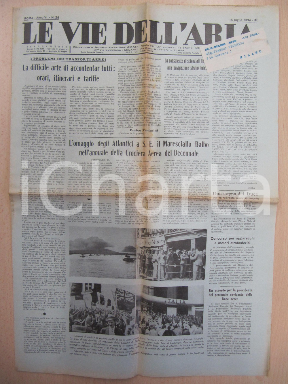 Giornale, rivista storica 1934 LE VIE DELL ARIA Continui problemi per i trasporti aerei Enrico VENTURINI 1