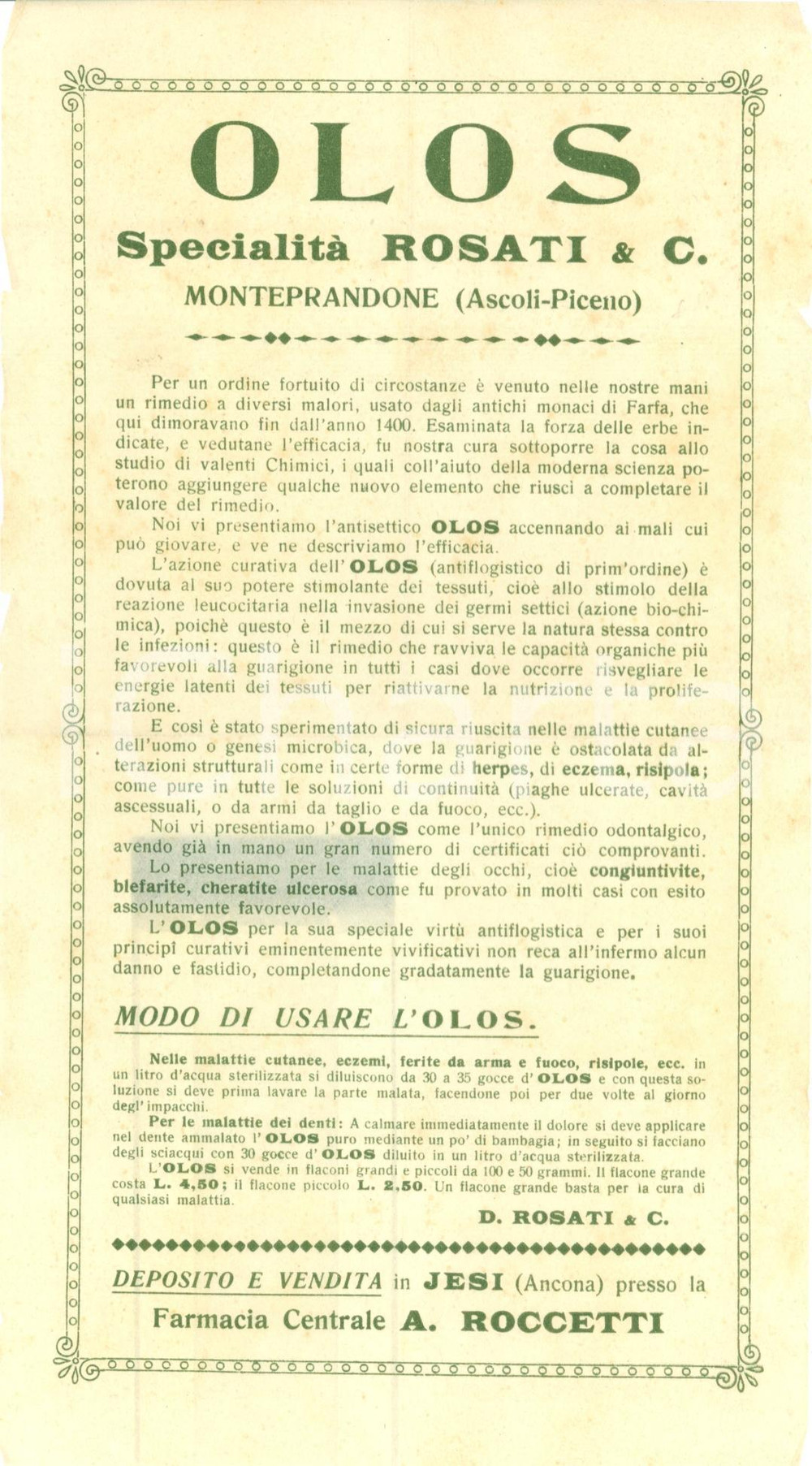 Materiale pubblicitario d’epoca 1935 ca MONTEPRANDONE AP Ditta ROSATI & C. Farmaco antisettico OLOS Volantino 1