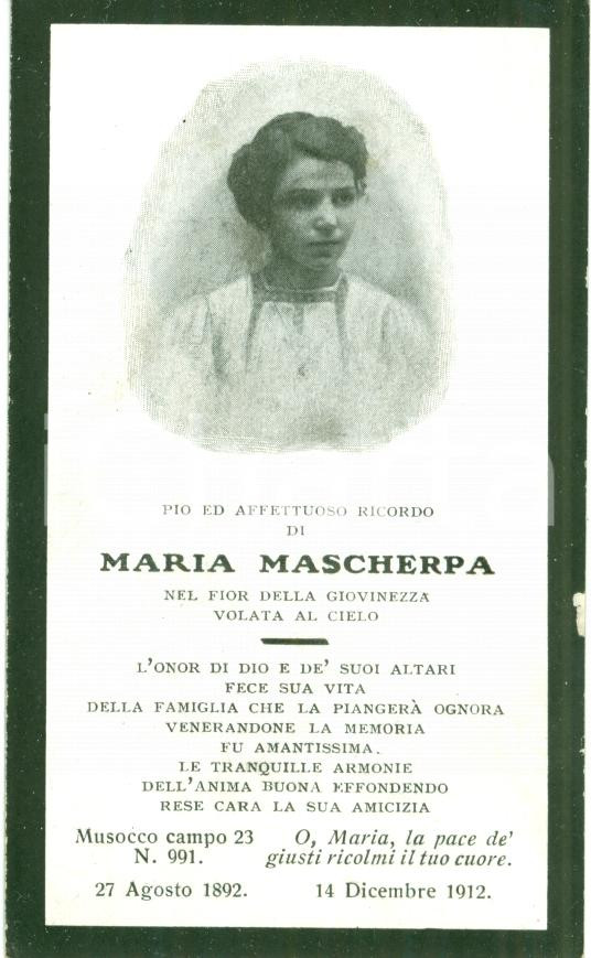 Oggetto da collezione cartaceo 1912 MILANO In memoria di Maria MASCHERPA di anni 20, volata al cielo, Santino 1