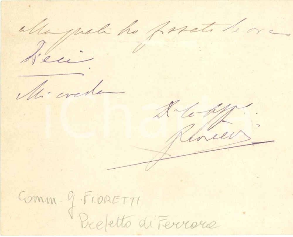 Autografo originale 1895 FERRARA Autografo Prefetto Gino FIORETTI Biglietto 1