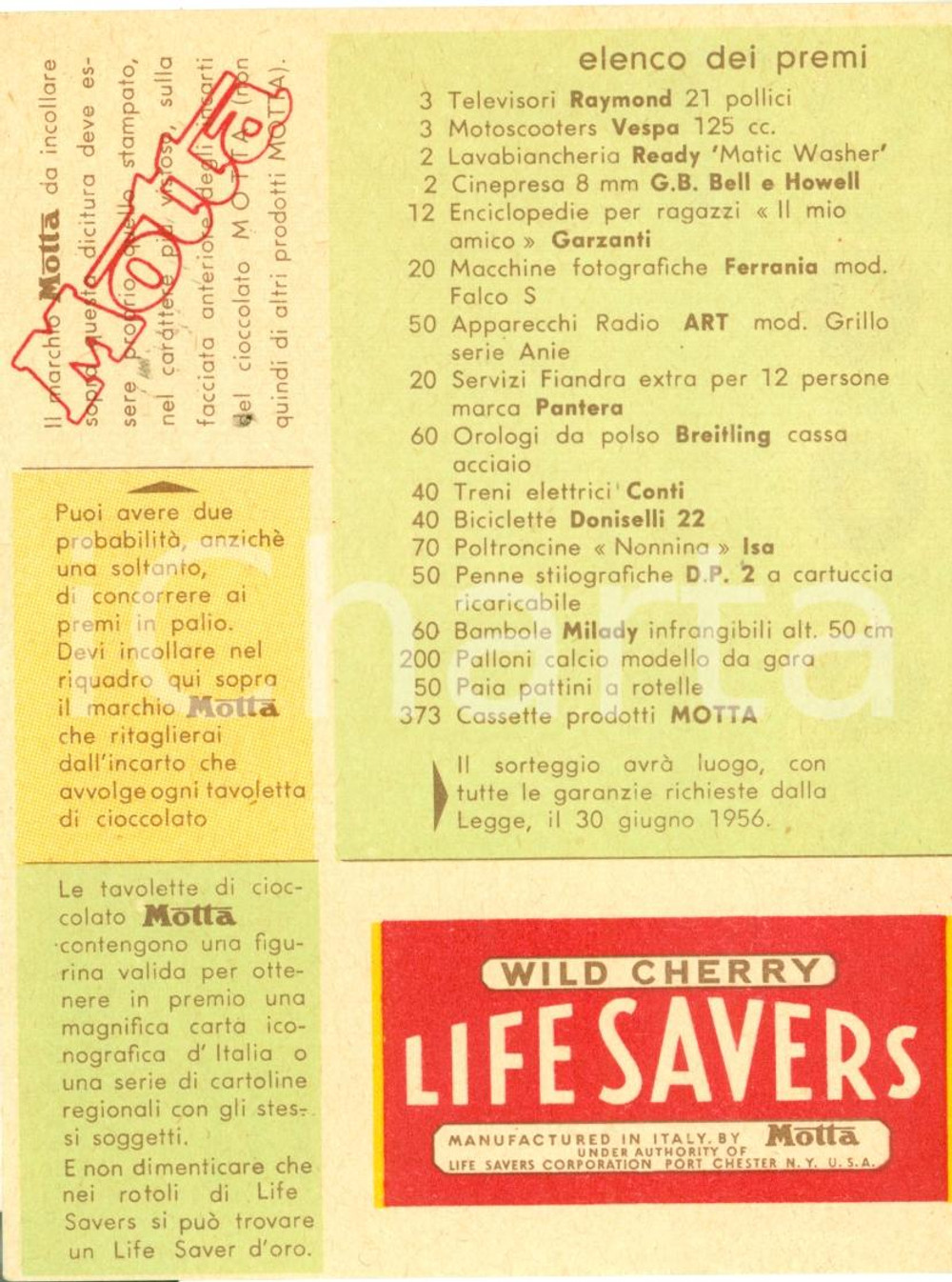 Oggetto da collezione cartaceo 1956 MILANO Concorso a premi MOTTA Tavolette WILD CHERRY LIFE SAVERS Tagliando 1