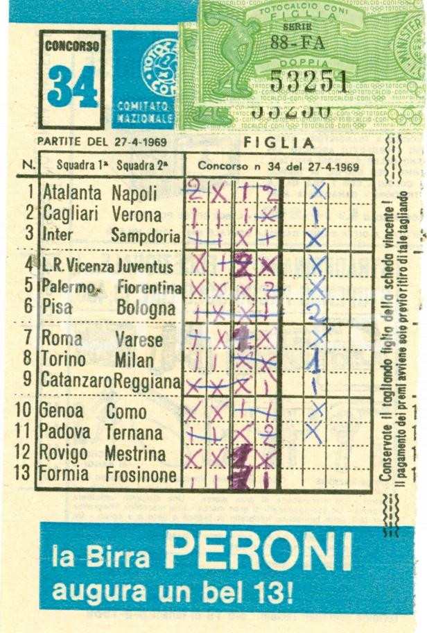 Oggetto da collezione cartaceo 1969 TOTOCALCIO Schedina giocata concorso n. 34 PERONI NASTRO AZZURRO 1