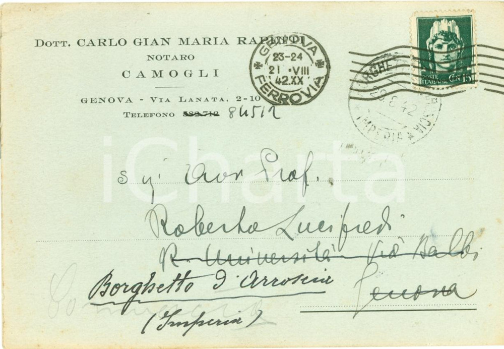 Cartolina originale da collezione 1942 GENOVA Notaio Carlo Gian Maria RAPETTI trasferisce lo studio Cartolina FG 1