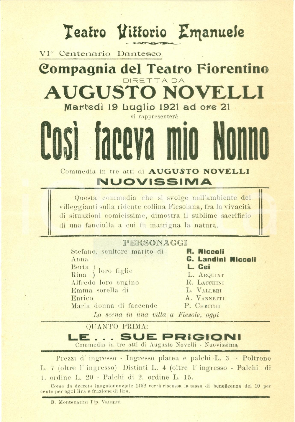 Documento originale, autentico 1921 FIRENZE Augusto NOVELLI CosÃ¬ faceva mio nonno Teatro VITTORIO EMANUELE 1