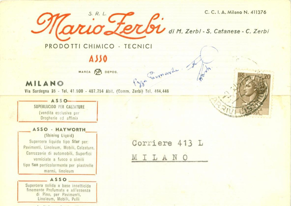 Cartolina originale da collezione 1957 MILANO Via Sardegna 35  Prodotti chimicotecnici MARIO ZERBI Cartolina 1