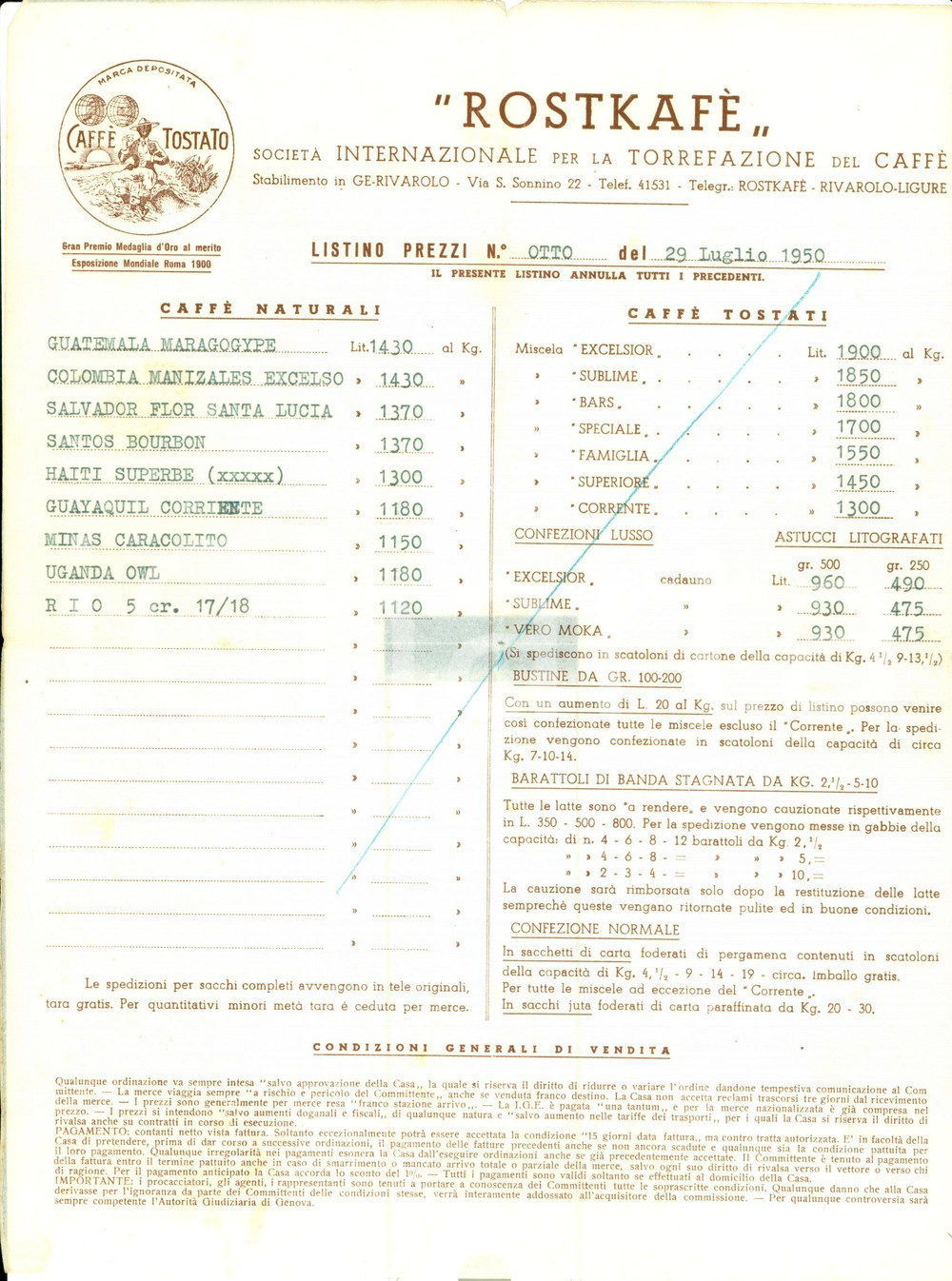 Materiale pubblicitario d’epoca 1950 GENOVA Rivarolo ROSTKAFE  Listino prezzi caffé  LISTINO N. 8 1