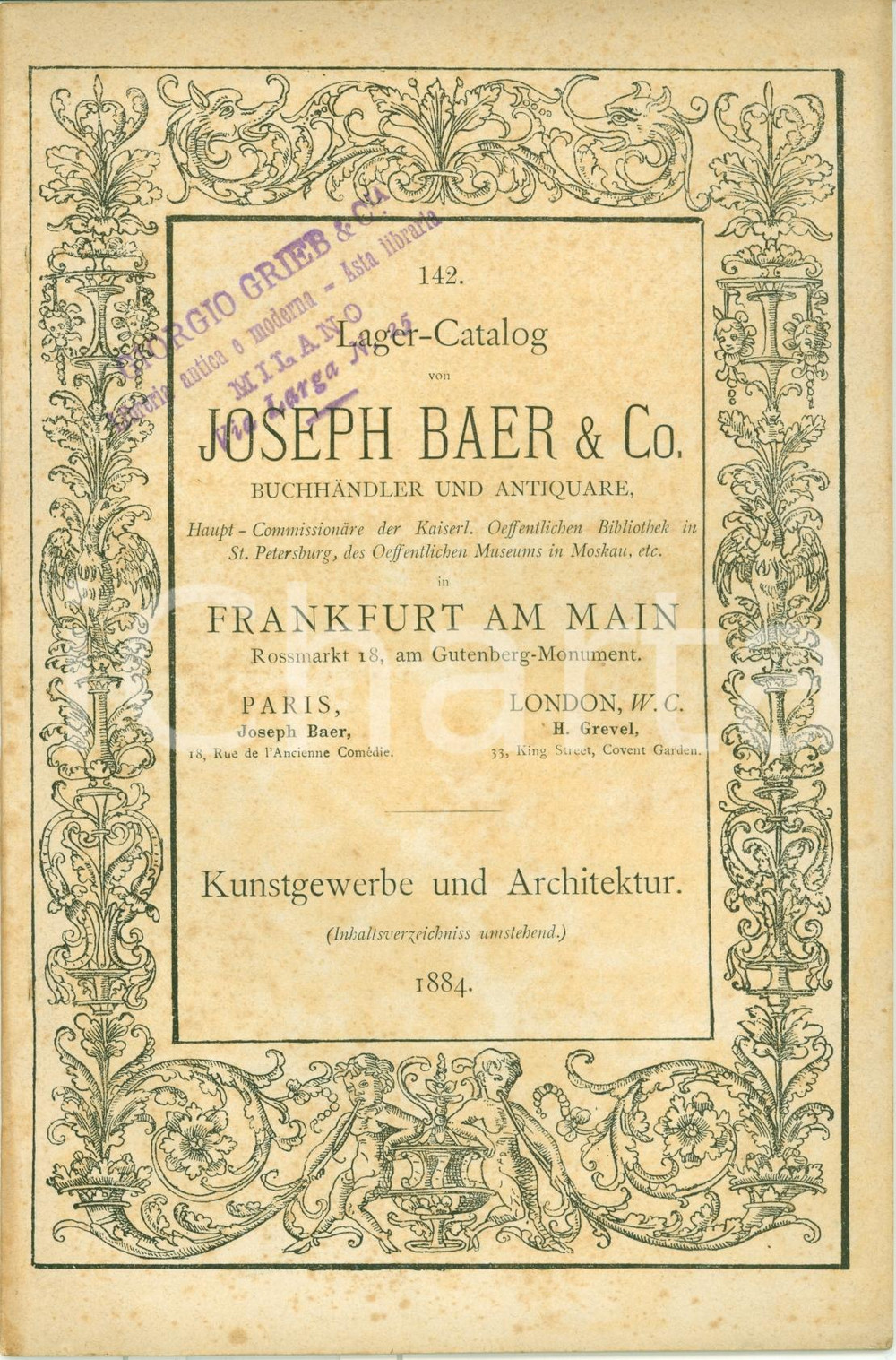 Libro, pubblicazione d epoca 1884 FRANKFURT AM MAIN Catalogo antiquario JOSEPH BAER & Co. Storia dell arte 1