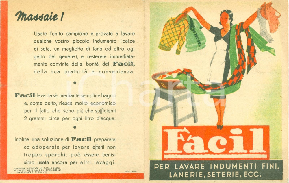 Materiale pubblicitario d’epoca 1938 MILANO Detersivo FACIL per massaia moderna Opuscolo ILLUSTRATO 1