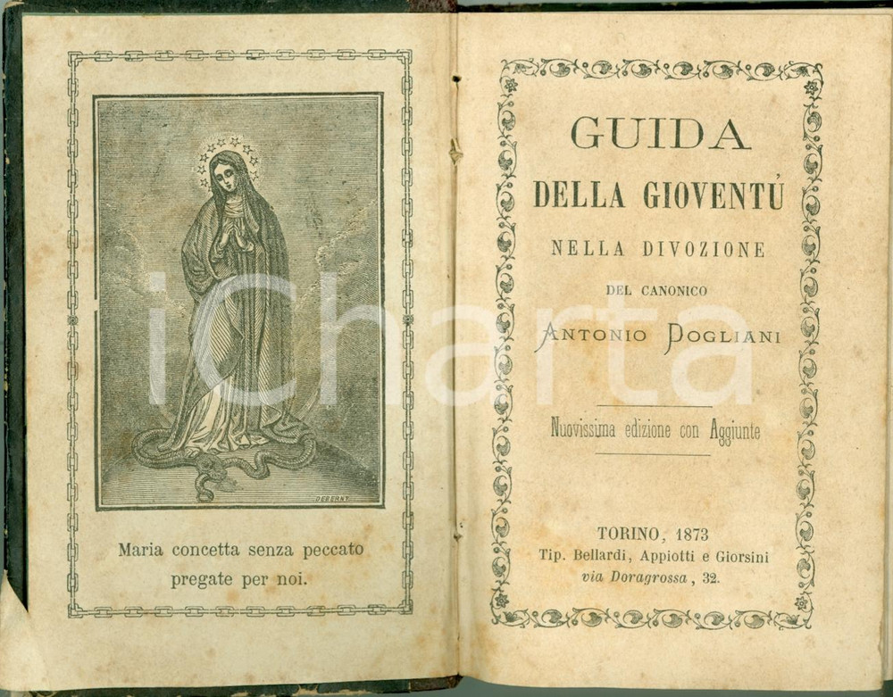 Libro, pubblicazione d epoca 1873 Antonio DOGLIANI Guida della gioventù nella divozione MADONNA con uroboro 1