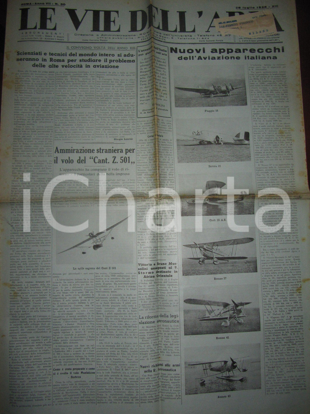 Giornale, rivista storica 1935 VIE DELL ARIA Nuovi aeroplani aviazione italiana PIAGGIO SAVOIA MARCHETTI 1