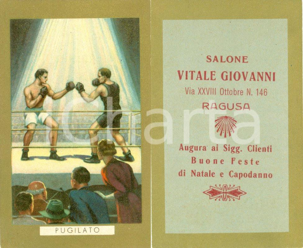 Materiale pubblicitario d’epoca 1935 ca RAGUSA Salone VITALE Giovanni Figurina pugilato Cromolitografia 1