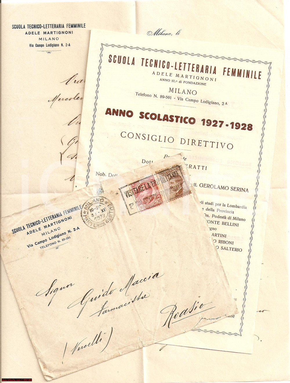Manoscritto, lettera originale 1927 MILANO Via Campo Lodigiano 2A Scuola femminile Adele Martignoni Programma 1