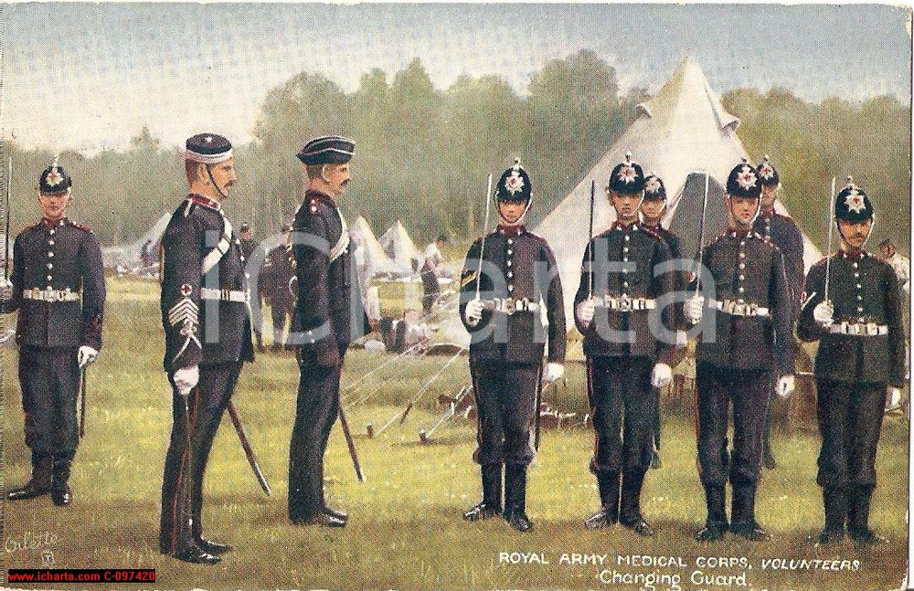 Cartolina originale da collezione 1907 LONDRA Cambio guardia ROYAL ARMY MEDICAL CORPS 1
