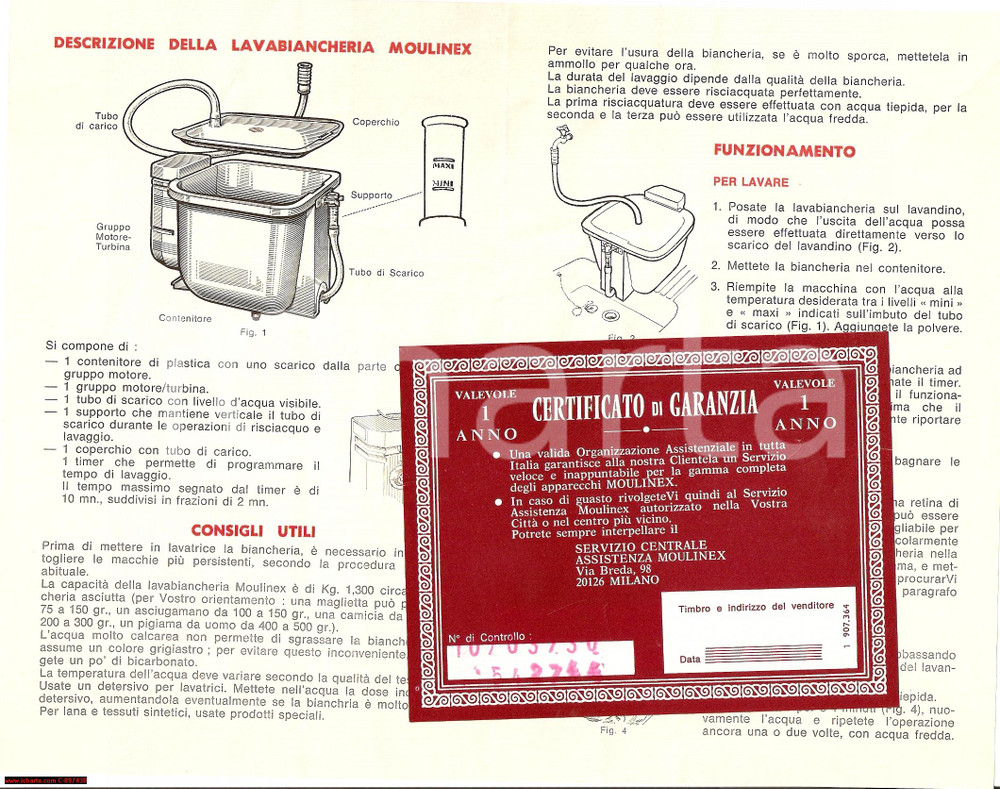 Materiale pubblicitario d’epoca 1970 LAVABIANCHERIA MOULINEX Istruzioni ILLUSTRATO 1