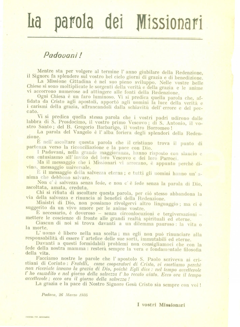 Documento originale, autentico 1935 PADOVA Parola dei Missionari anno giubilare Redenzione Documento 1