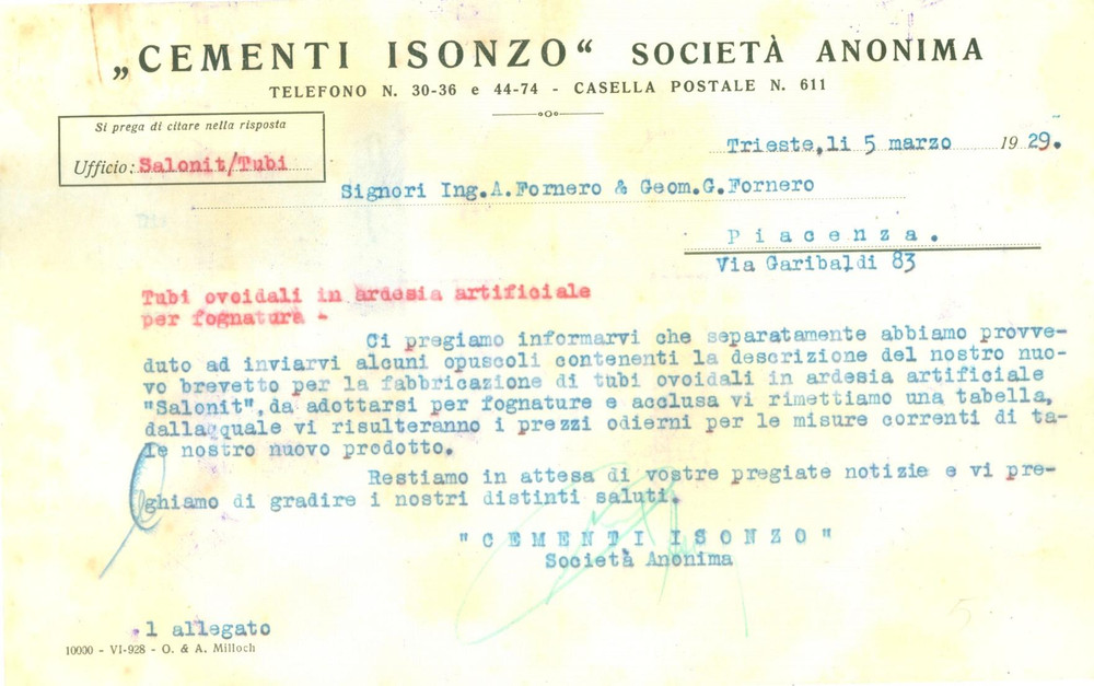 Documento originale, autentico 1929 TRIESTE Società Anonima Cementi ISONZO Lettera commerciale 1