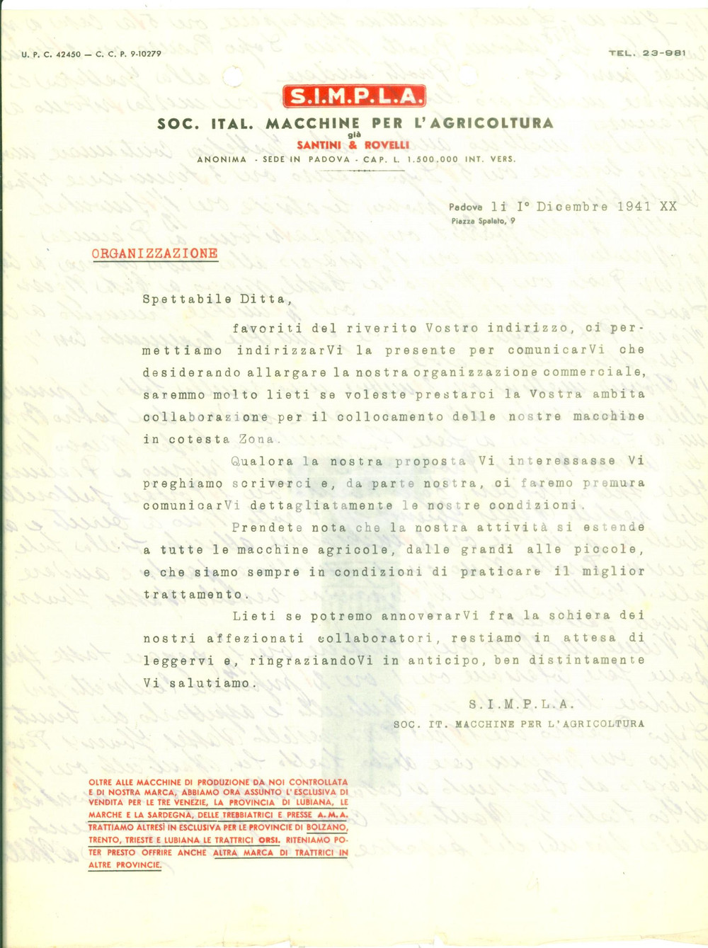 Documento originale, autentico 1941 PADOVA Società Italiana Macchine Per l Agricoltura S.I.M.P.L.A. Lettera 1
