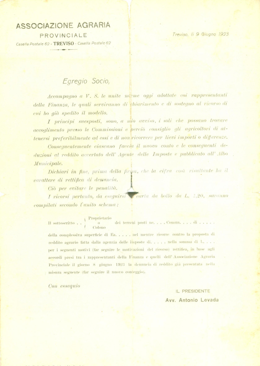 Documento originale, autentico 1923 TREVISO Norme per ricorsi accertamenti redditi agrari Documento DANNEGGIATO 1