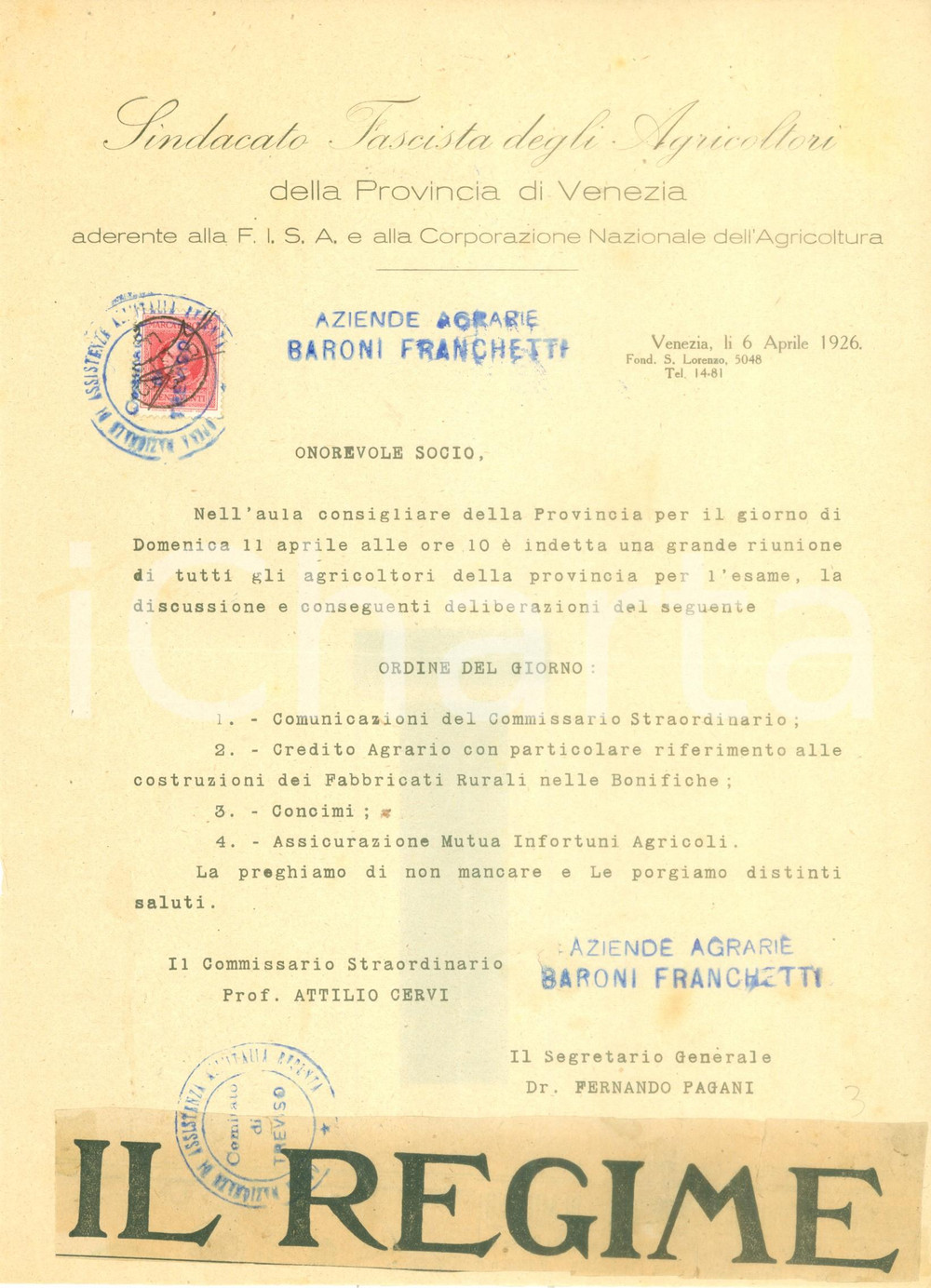 Documento originale, autentico 1926 VENEZIA Riunione Sindacato Fascista degli Agricoltori Ordine del giorno 1