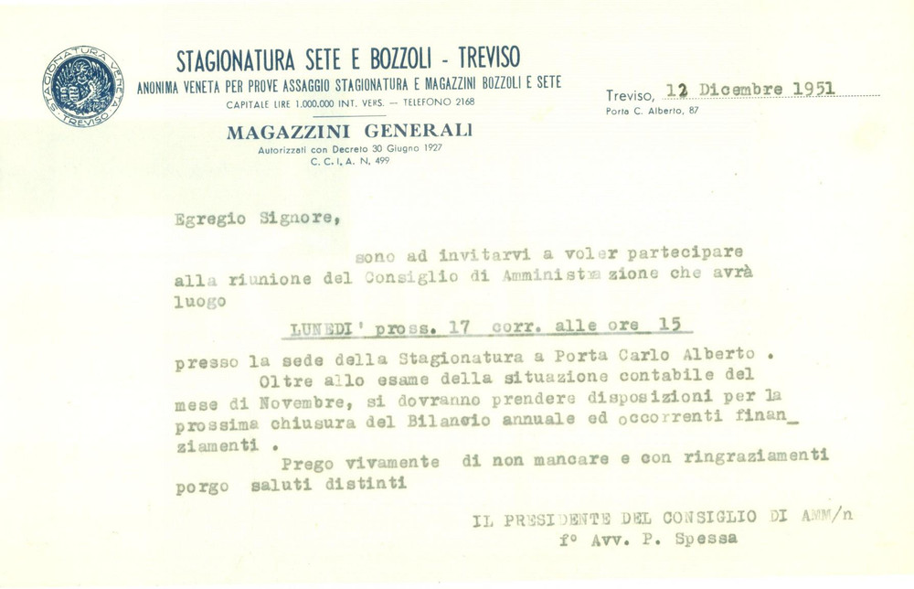Documento originale, autentico 1951 TREVISO Stagionatura sete e bozzoli Magazzini generali Invito a riunione 1