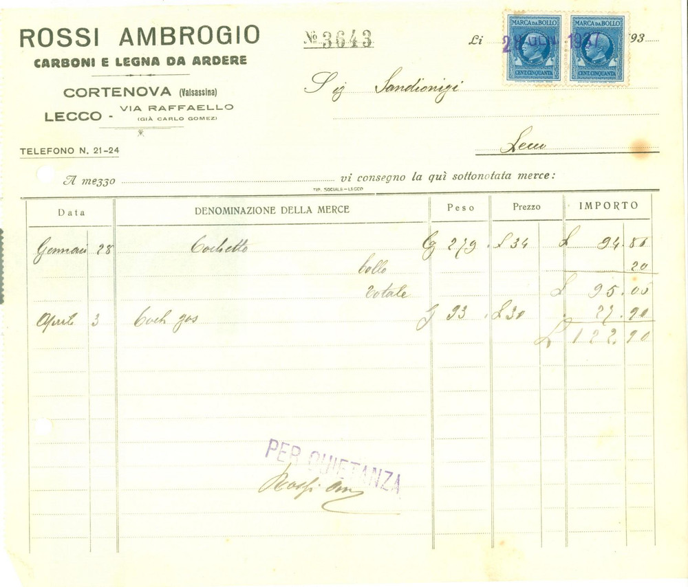 Documento originale, autentico 1937 CORTENOVA LC Ambrogio ROSSI Carboni e legna da ardere Fattura intestata 1