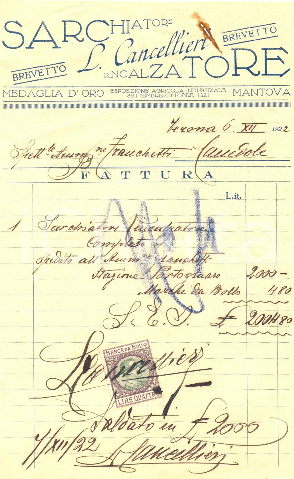 Documento originale, autentico 1922 VERONA L. CANCELLIERI Sarchiatore  Rincalzatore Medaglia d oro Fattura 1