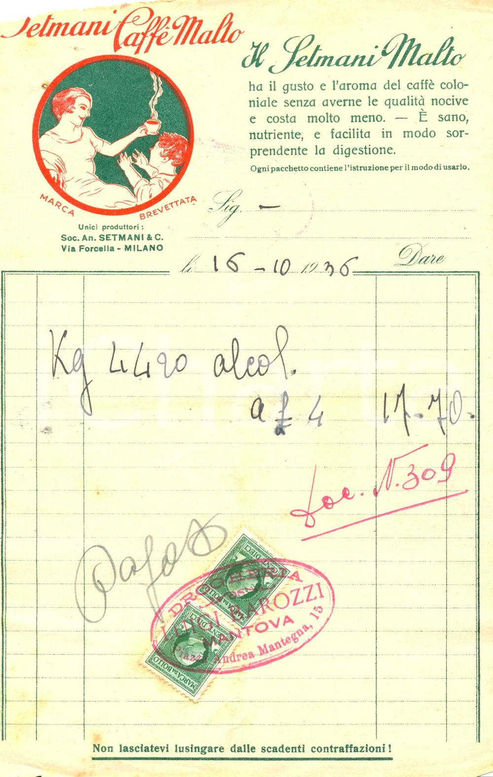 Documento originale, autentico 1936 MANTOVA Drogheria Luigi BAROZZI   Pubblicità SETMANI CAFFE  MALTO Fattura 1