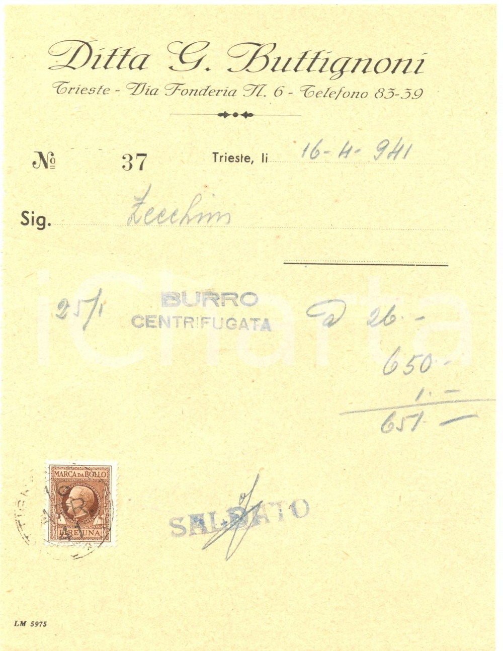 Documento originale, autentico 1941 TRIESTE Ditta BUTTIGNONI fornitura burro di centrifuga Fattura 1