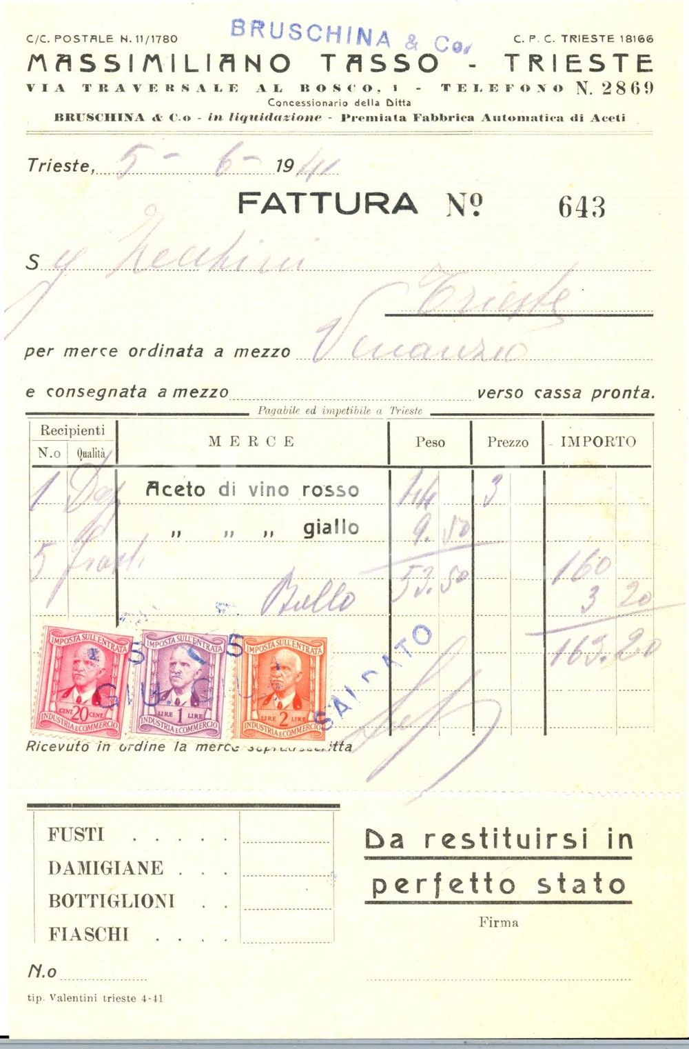 Documento originale, autentico 1941 TRIESTE Massimiliano TASSO fabbrica aceto vino giallo e rosso Fattura 1