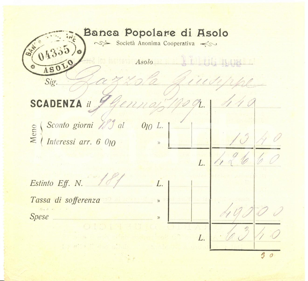 Documento originale, autentico 1908 ASOLO TV Banca Popolare SocietÃ  Anonima Cooperativa Biglietto prestito 1