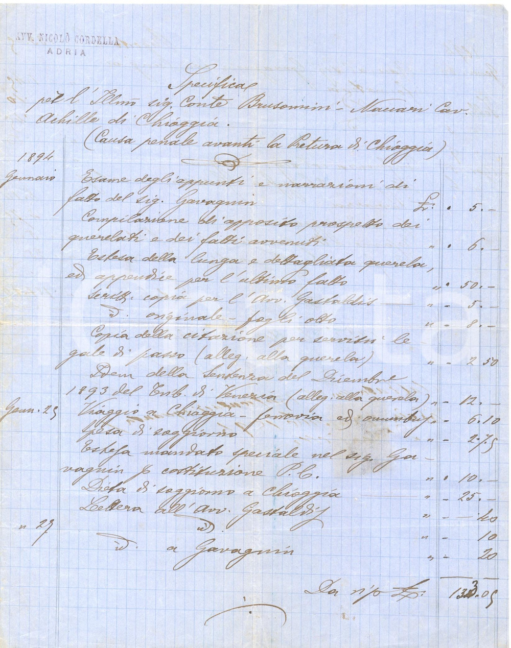 Documento originale, autentico 1894 ADRIA RO Avvocato Nicolò CORDELLA per conte Achille BRUSOMININACCARI 1