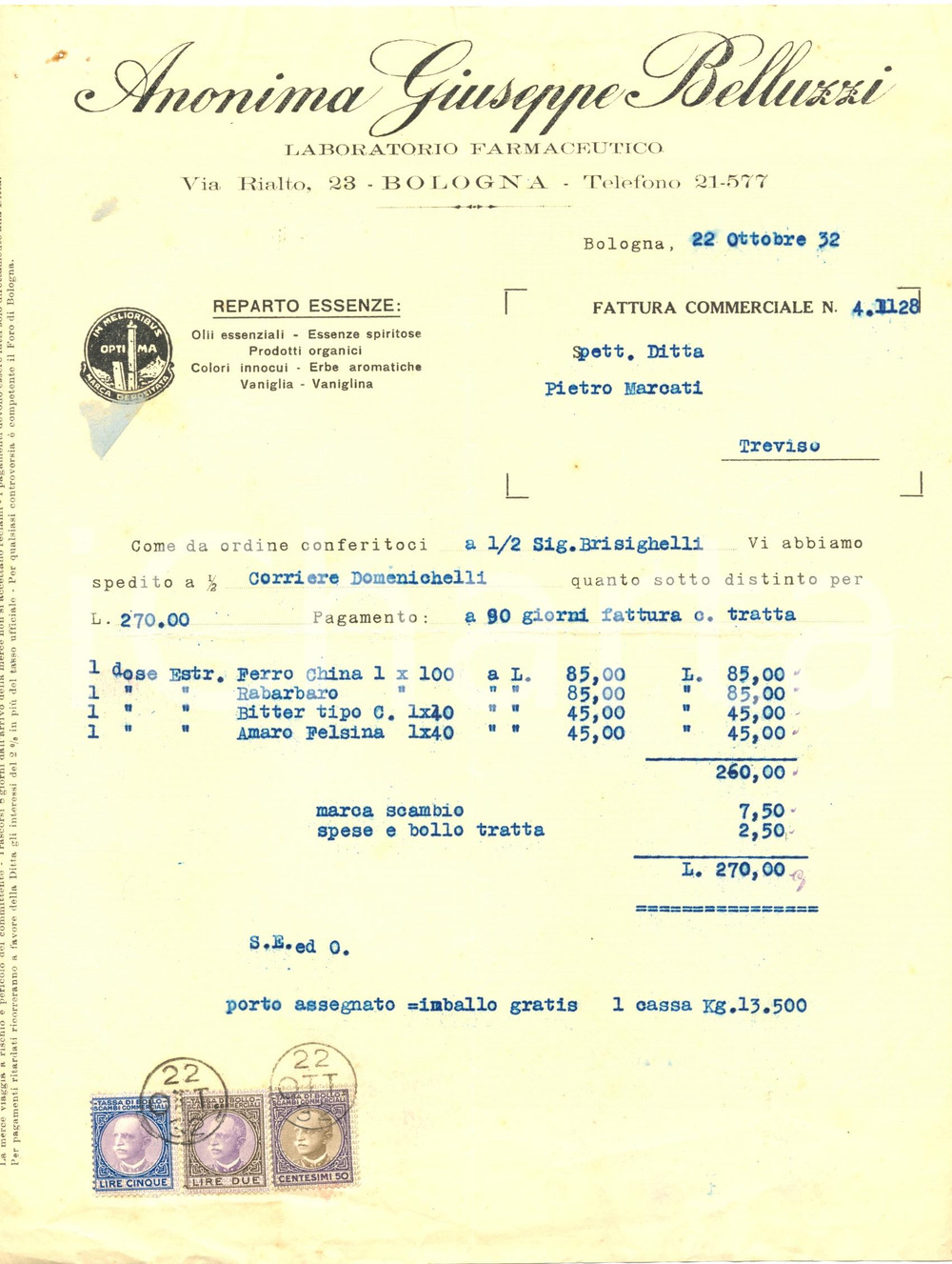 Documento originale, autentico 1932 BOLOGNA Anonima Giuseppe BELLUZZI farmacia olii essenze spiritose Fattura 1