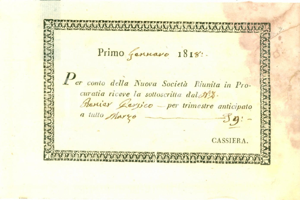Documento originale, autentico 1818 VENEZIA Persico RENIER paga quota alla PROCURATIA Documento DANNEGGIATO 1