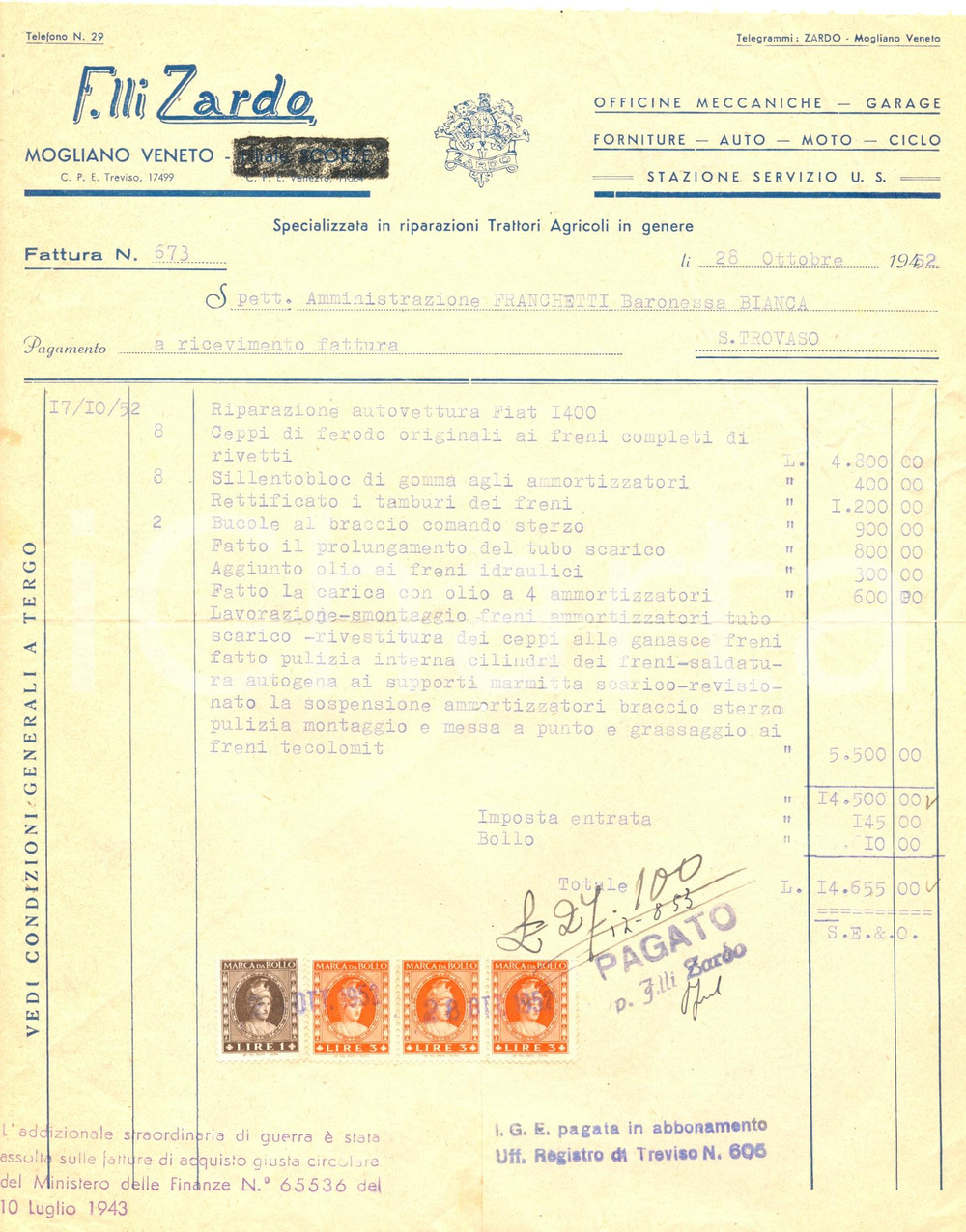 Documento originale, autentico 1952 MOGLIANO VENETO TV Fratelli ZARDO Fattura riparazione auto FIAT 1400 1