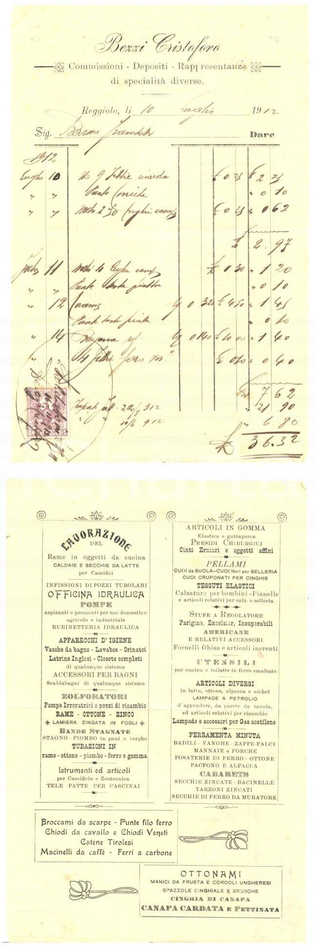 Documento originale, autentico 1912 REGGIOLO RE Cristoforo BEZZI commissioni depositi rappresentanze Fattura 1
