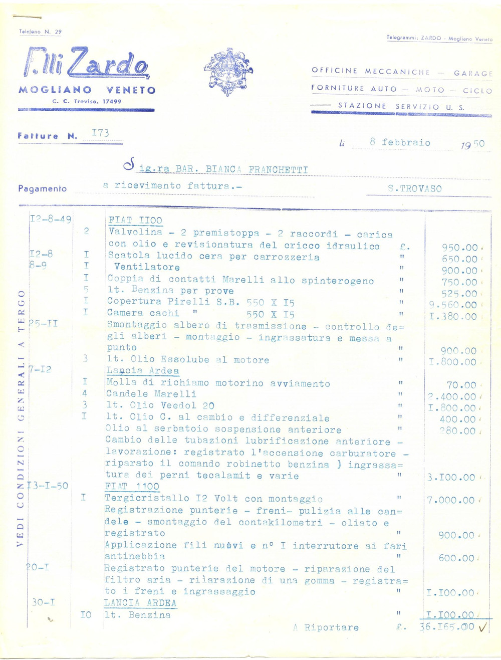 Documento originale, autentico 1950 MOGLIANO VENETO TV Fratelli ZARDO Riparaz. AUTO LANCIA ARDEA e FIAT 1100 1
