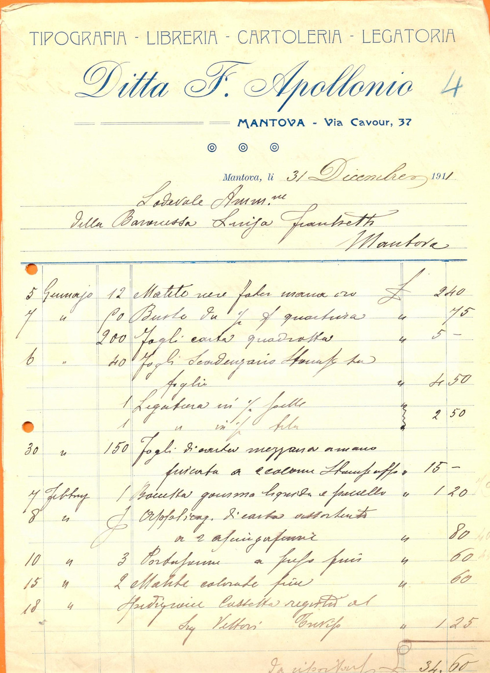 Documento originale, autentico 1911 MANTOVA Ditta APOLLONIO tipografia libreria legatoria Fattura 8 pagine 1