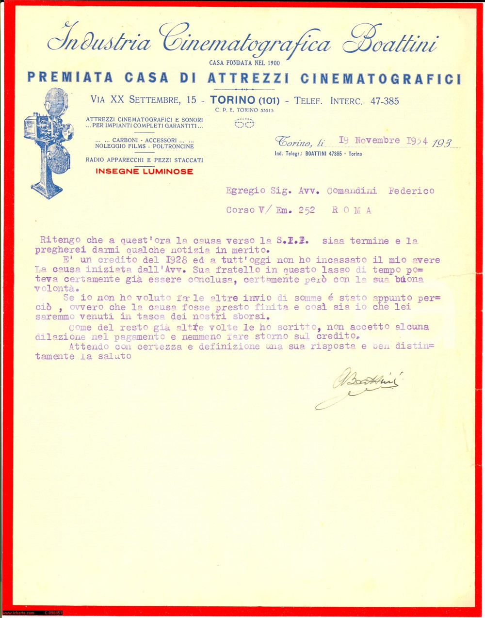Documento originale, autentico 1934 TORINO Premiata Industria Cinematografica BOATTINI Lettera 1