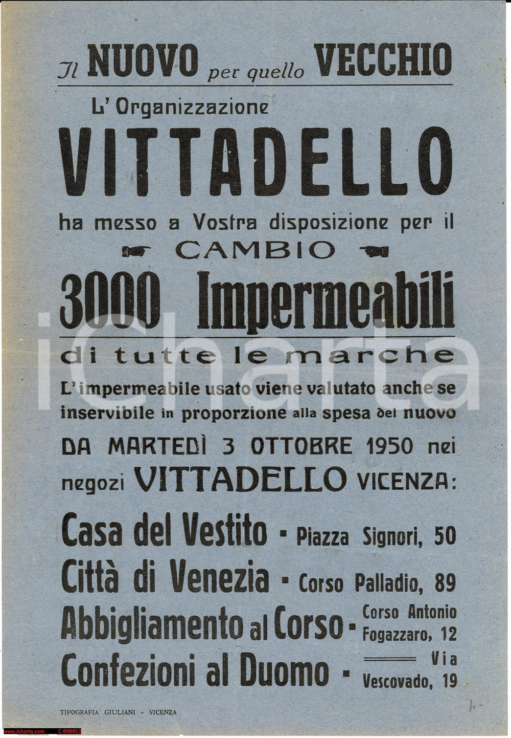 Oggetto da collezione cartaceo 1950 VITTADELLO VICENZA Vecchio impermeabile vs nuovo Volantino 1