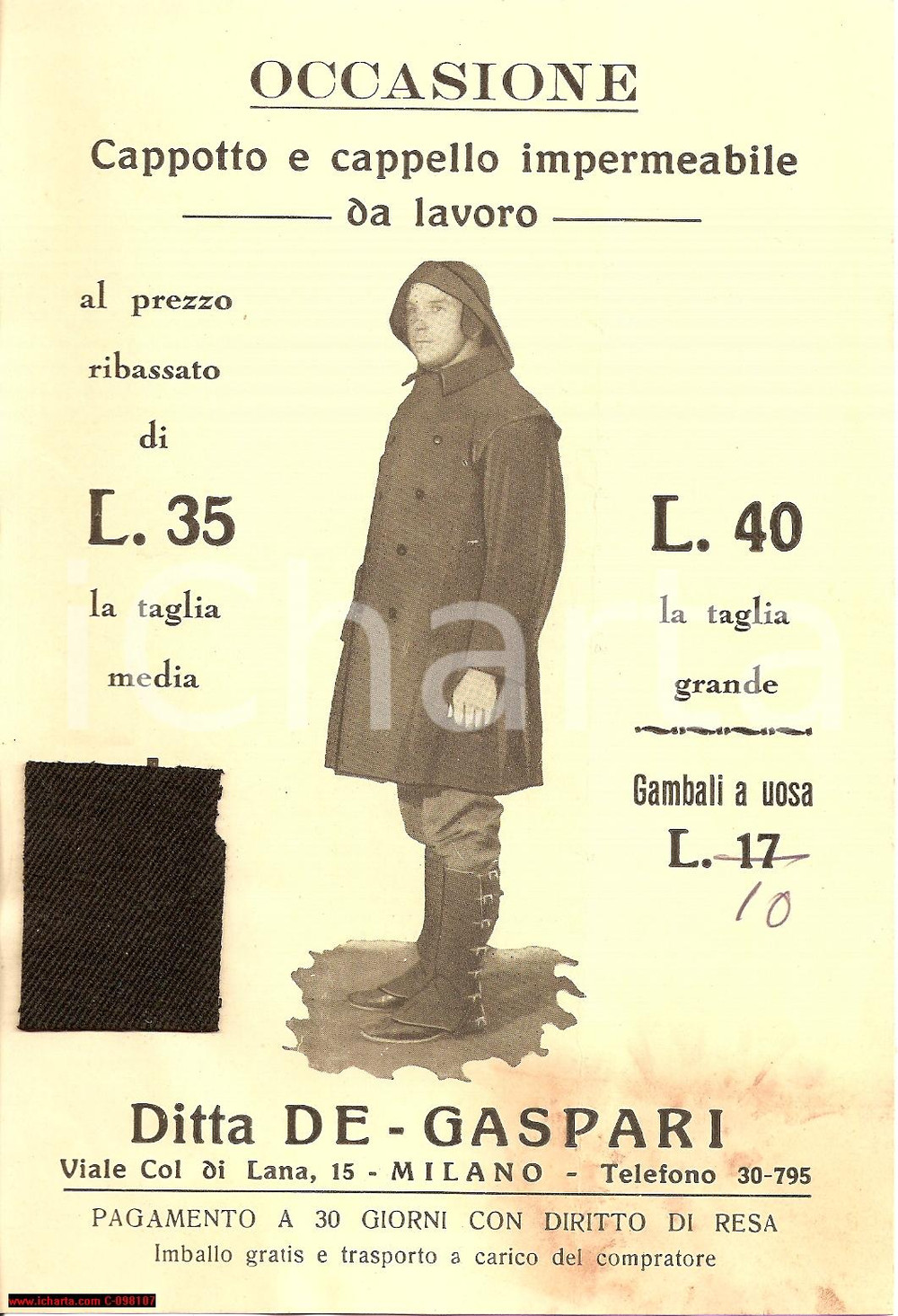 Oggetto da collezione cartaceo 1940ca MILANO V.le Col di Lana 15  Impermeabili DE GASPARI + campione tessuto 1