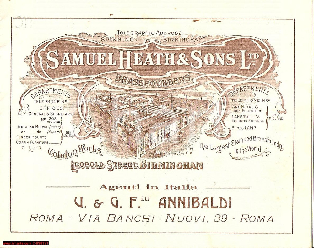 Materiale pubblicitario d’epoca 1920 circa ROMA arte in ottone SAMUEL HEATH & SONS  Opuscolo pubblicitario 1
