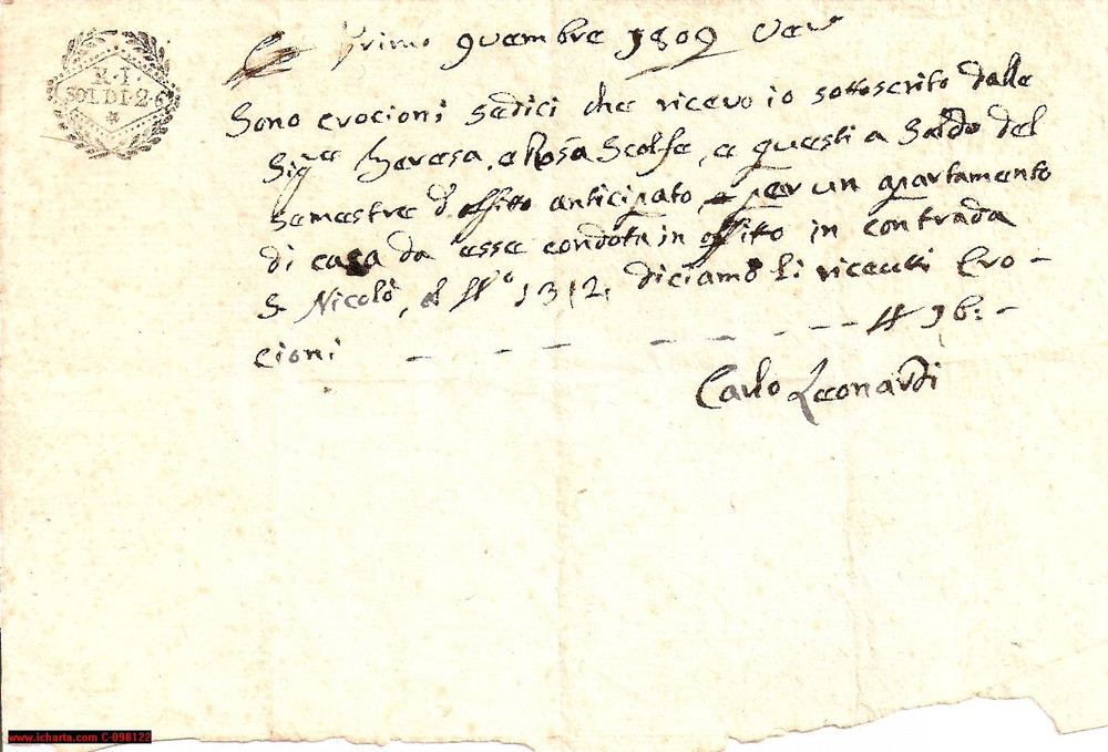 Documento originale, autentico 1809 VERONA SAN NICOLO Affitto LEONARDI SCOLFA 1