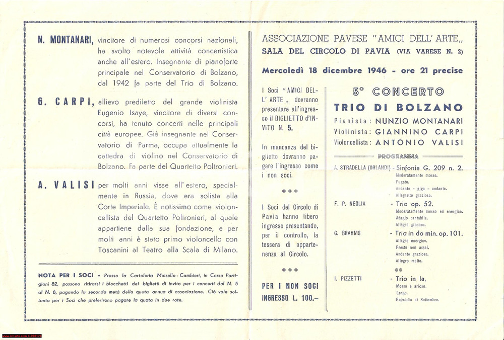 Materiale pubblicitario d’epoca 1946 PAVIA Concerto Associazione AMICI DELL ARTE Via Varese 2 1