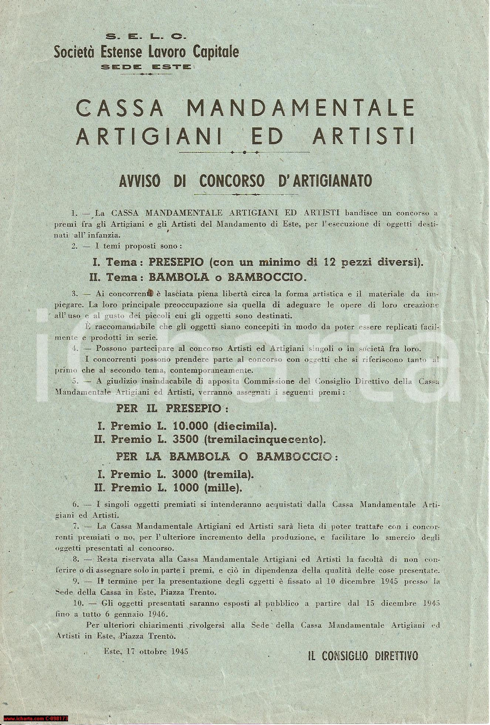 Oggetto da collezione cartaceo 1945 ESTE PD Cassa Artigiani artisti Bando CONCORSO 1