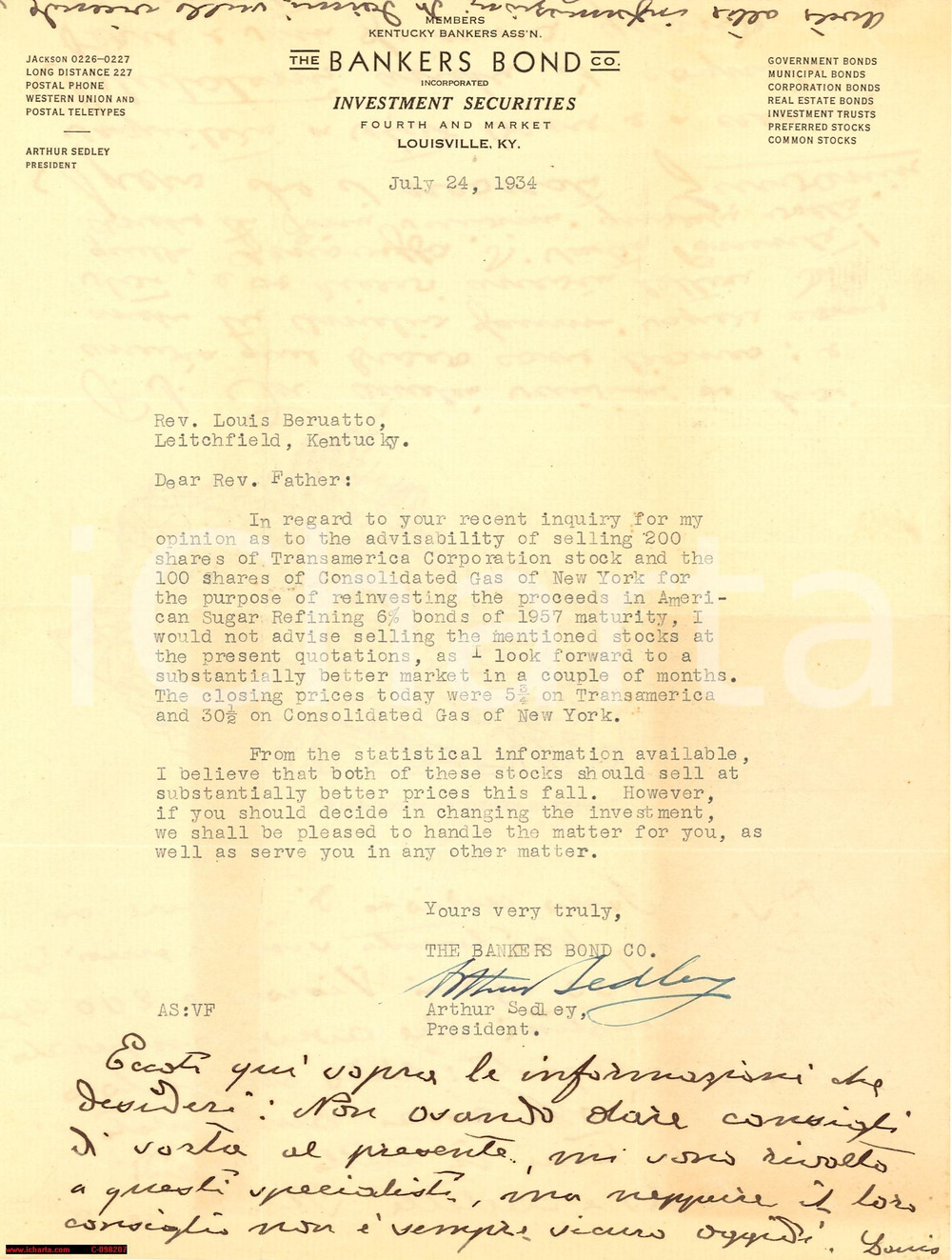 Manoscritto, lettera originale 1934 LOUISVILLE KY Bankers Bond Investimenti BORSA 1