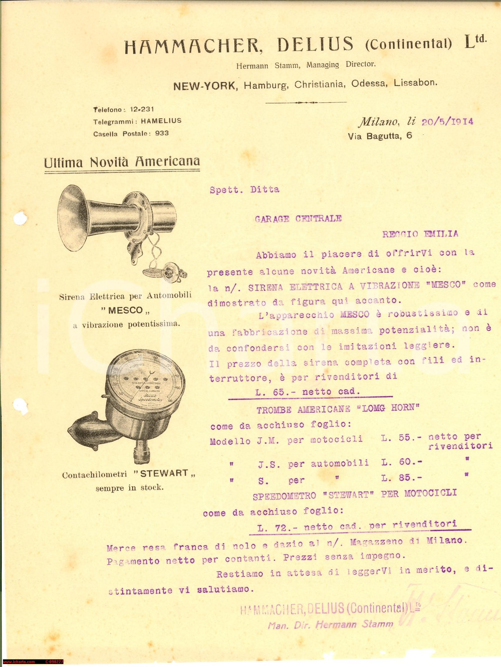 Manoscritto, lettera originale 1914 MILANO HAMMACHER DELIUS Sirena elettrica MESCO Lettera pubblicitaria 1