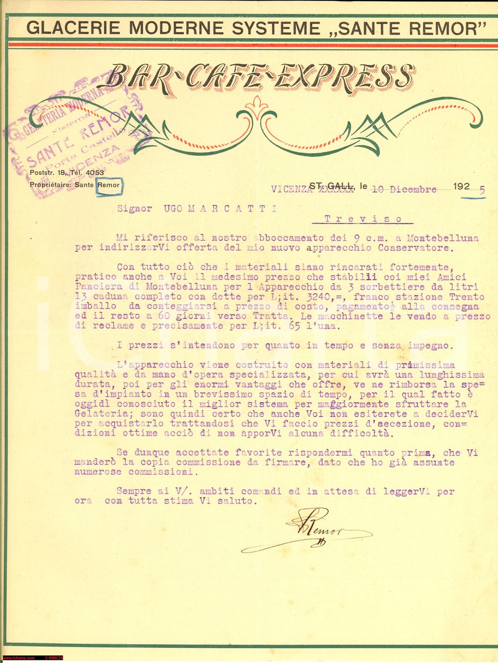Manoscritto, lettera originale 1925 VICENZA Gelateria moderna sistema SANTE REMOR  Lettera commerciale 1